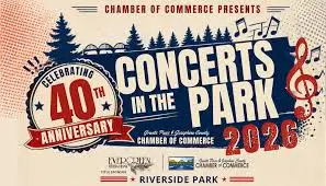 Promotional banner for the 2026 Concerts in the Park series celebrating its 40th anniversary with live music at Riverside Park.