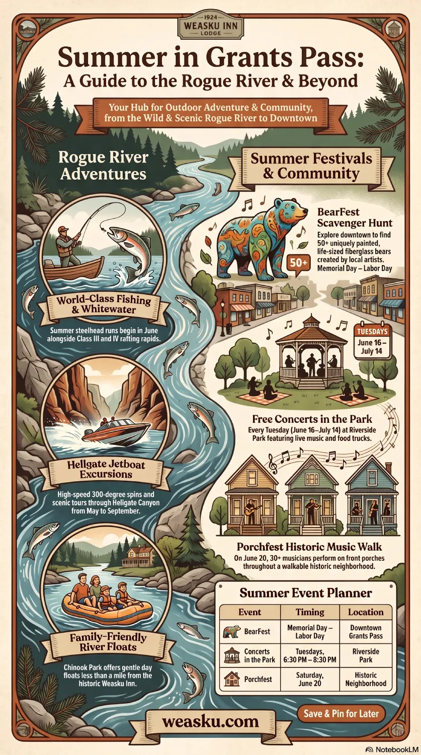 Grants Pass summer activity guide infographic featuring Rogue River adventures and local events.