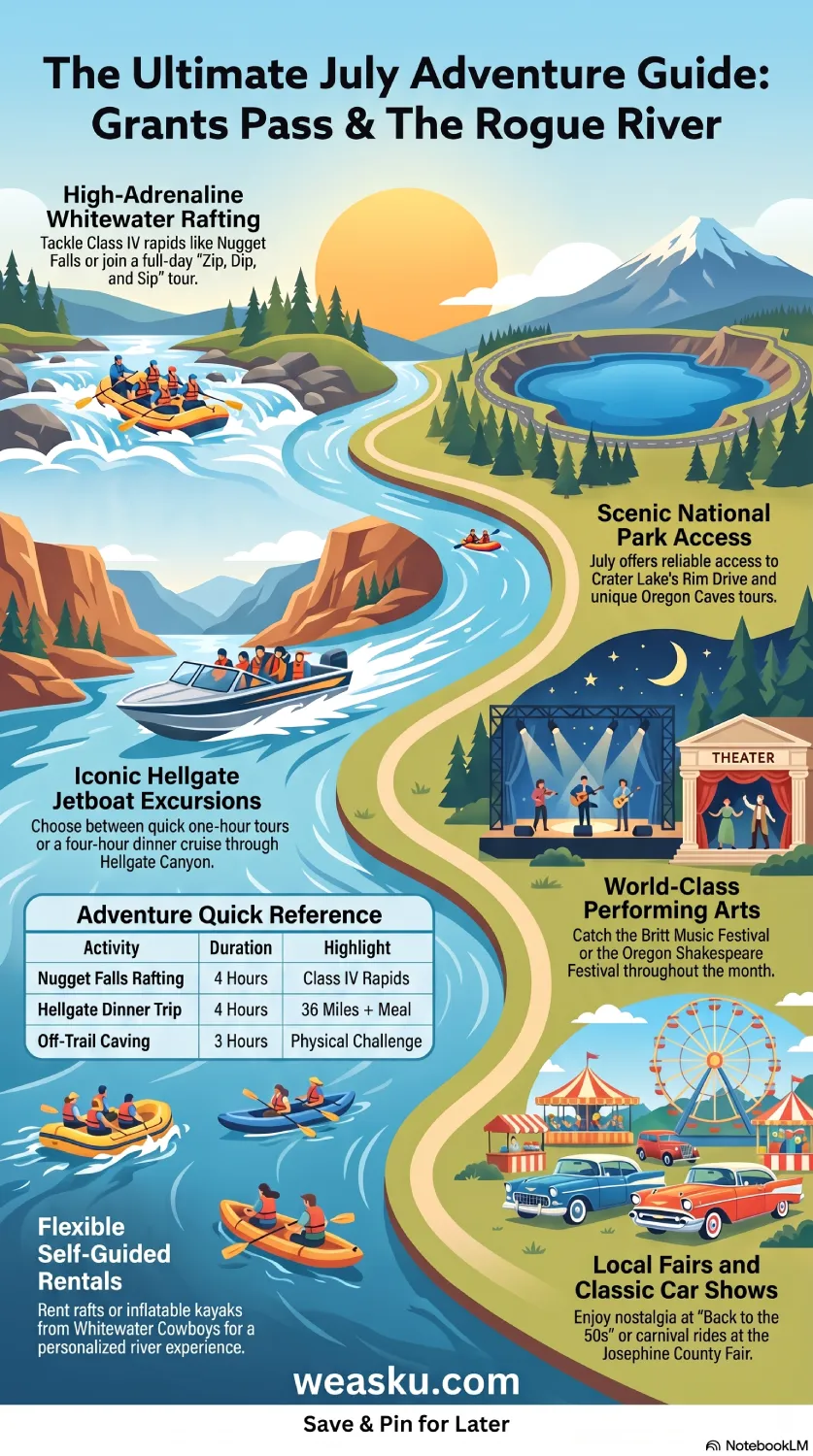 Infographic highlighting July adventures in Grants Pass featuring Rogue River rafting, Hellgate Jetboat tours, Crater Lake, performing arts, and local fairs.